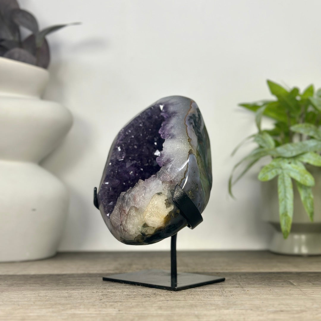 Uruguayan Amethyst Geode with Calcite Inclusion on Metal Stand - MWS3330
