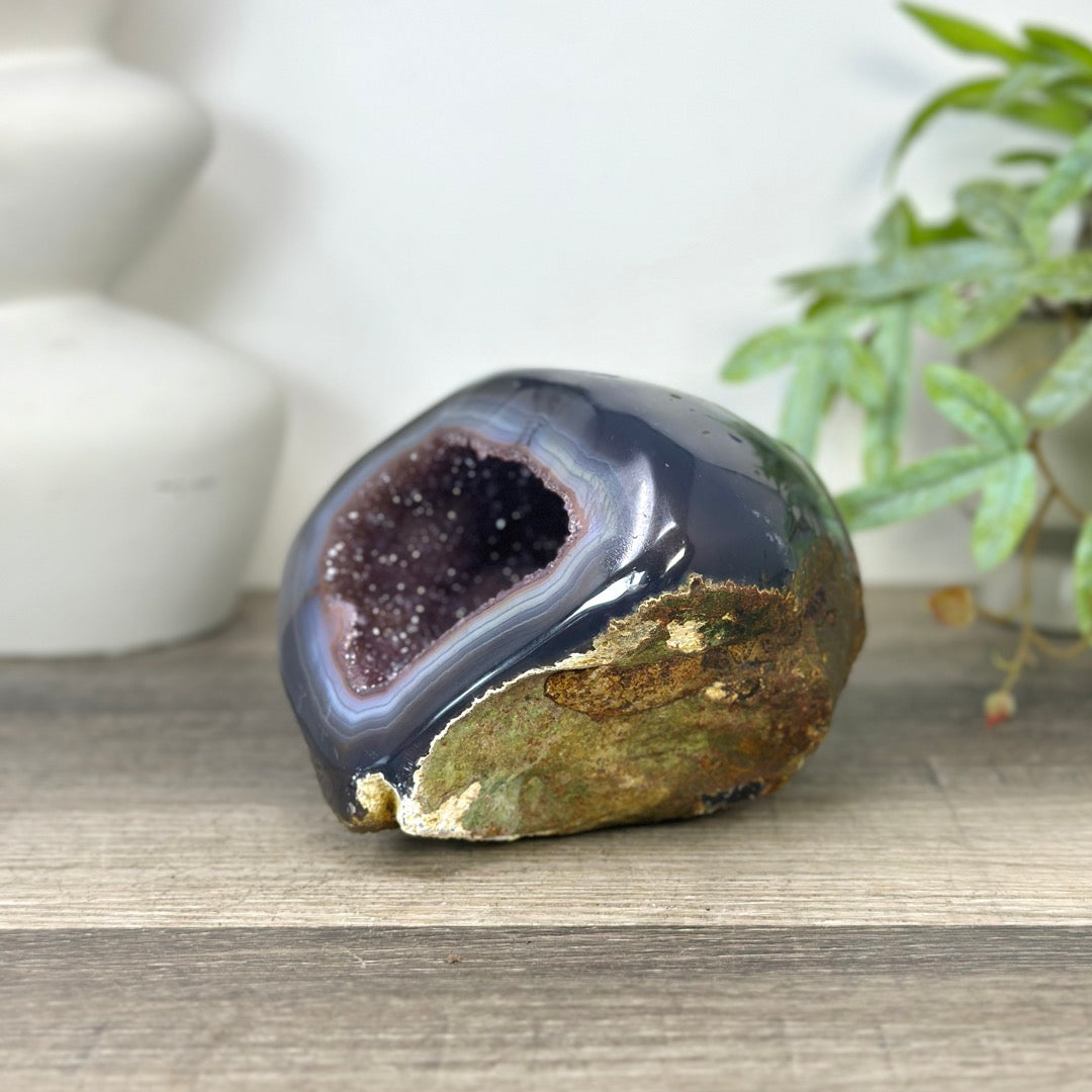 Natural Pink Amethyst Geode with Blue Banded Agate Shell - STGE0040