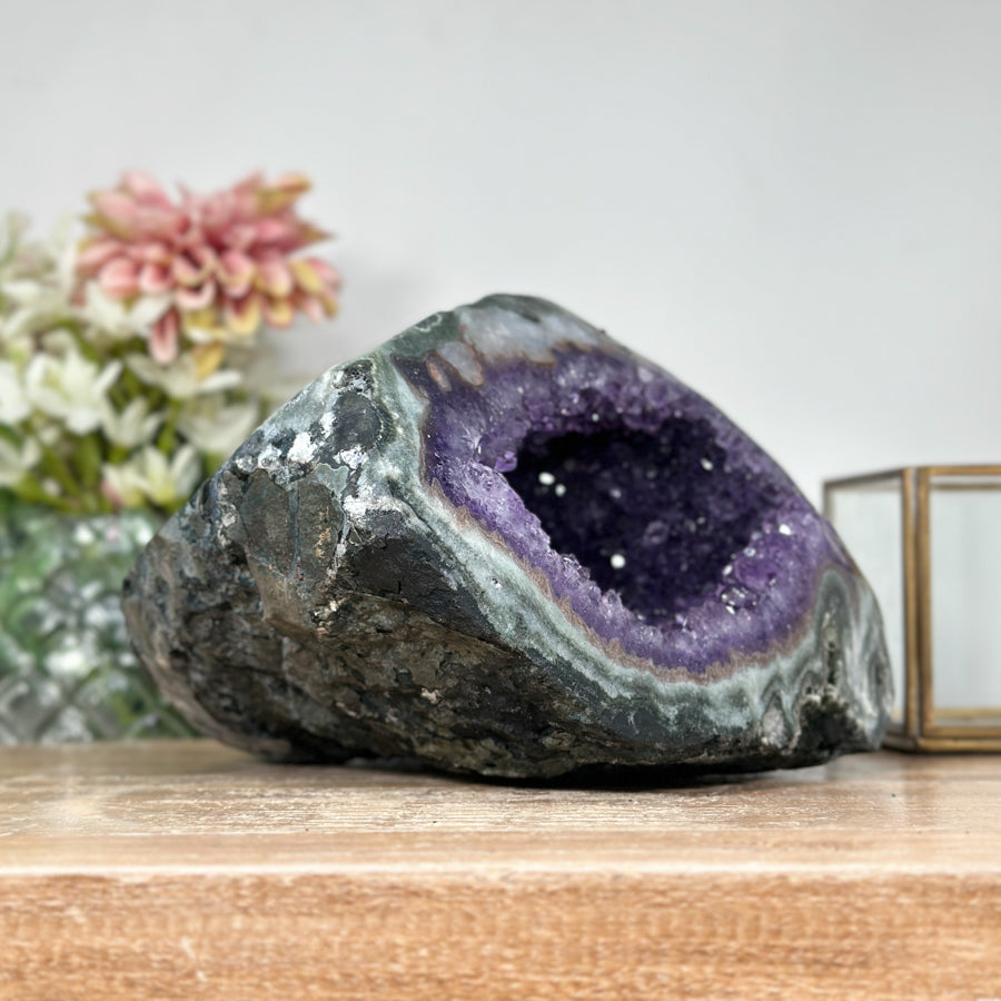 Amethyst Geode with Green Jasper Shell &amp; Deep Purple Crystal Cavity - STGE0009