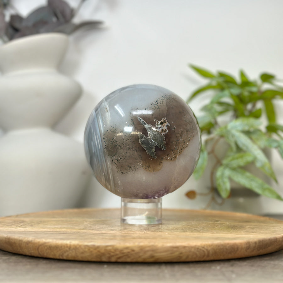 Amethyst &amp; Banded Agate Sphere Geode with Crystal Formation - SPH0184