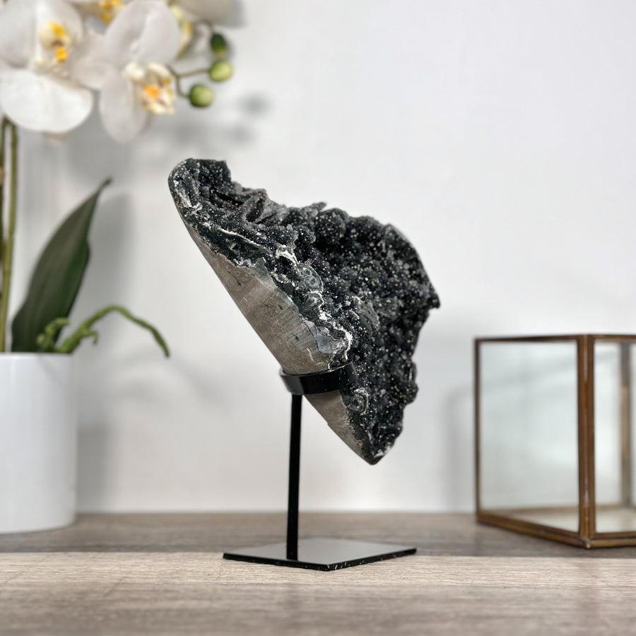 Black Druzy Mineral Specimen – Natural Crystal Cluster for Home Decor Display - MWS2621