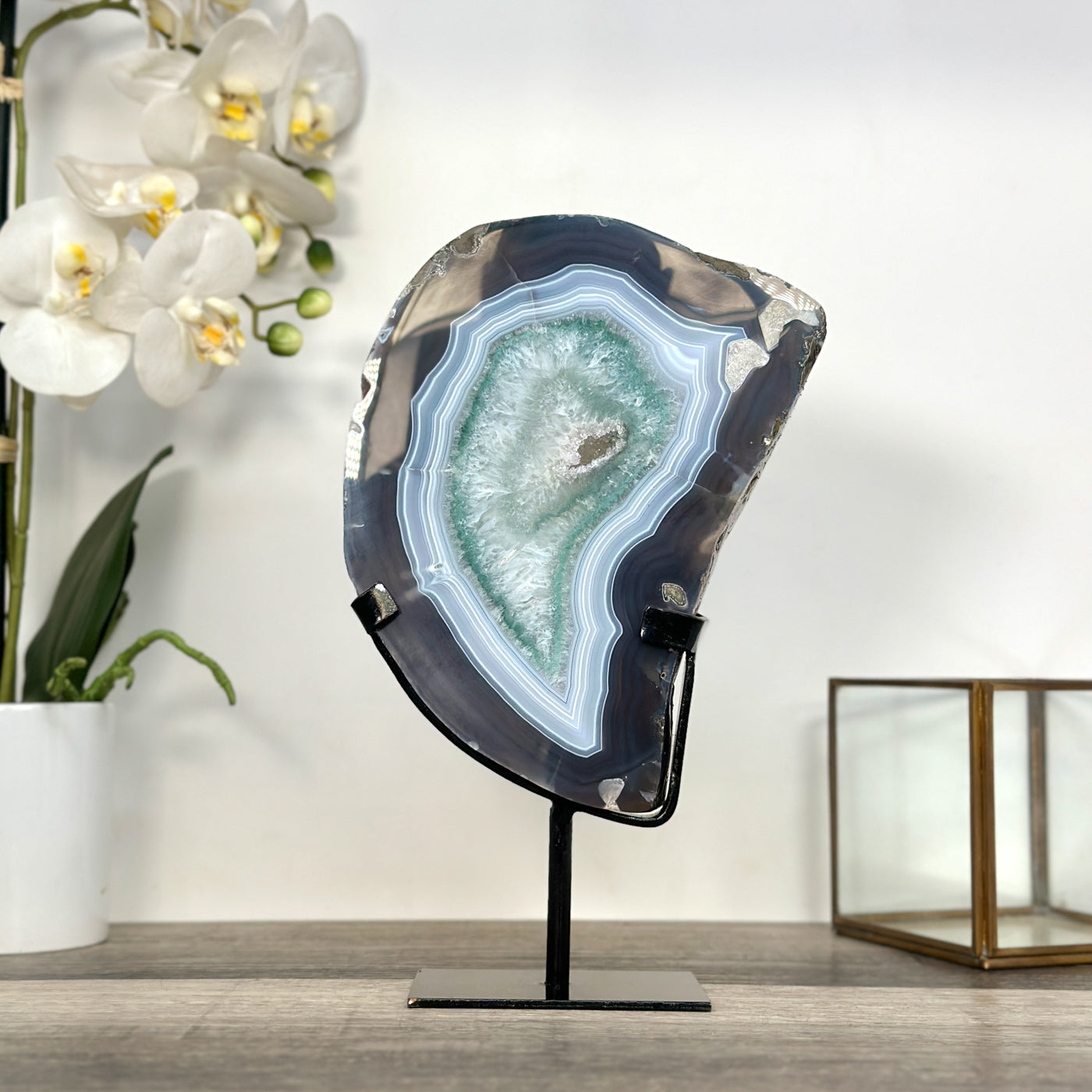 Agate Slice with Blue Bands and Crystalline Center for Home Decor Display - MWS2660