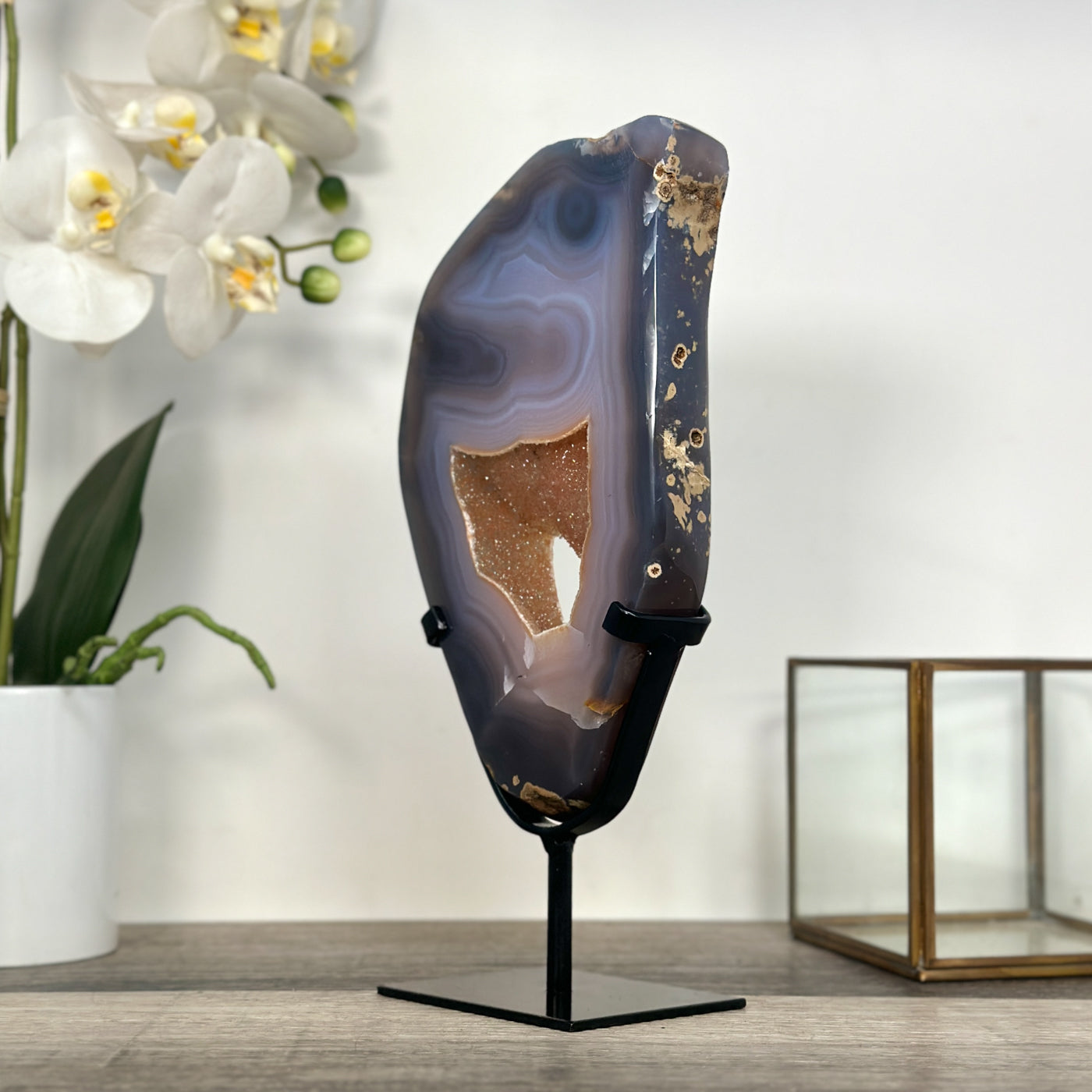 Agate Slice with Druzy Center - Blue Banding for Home Decor Display - MWS2655