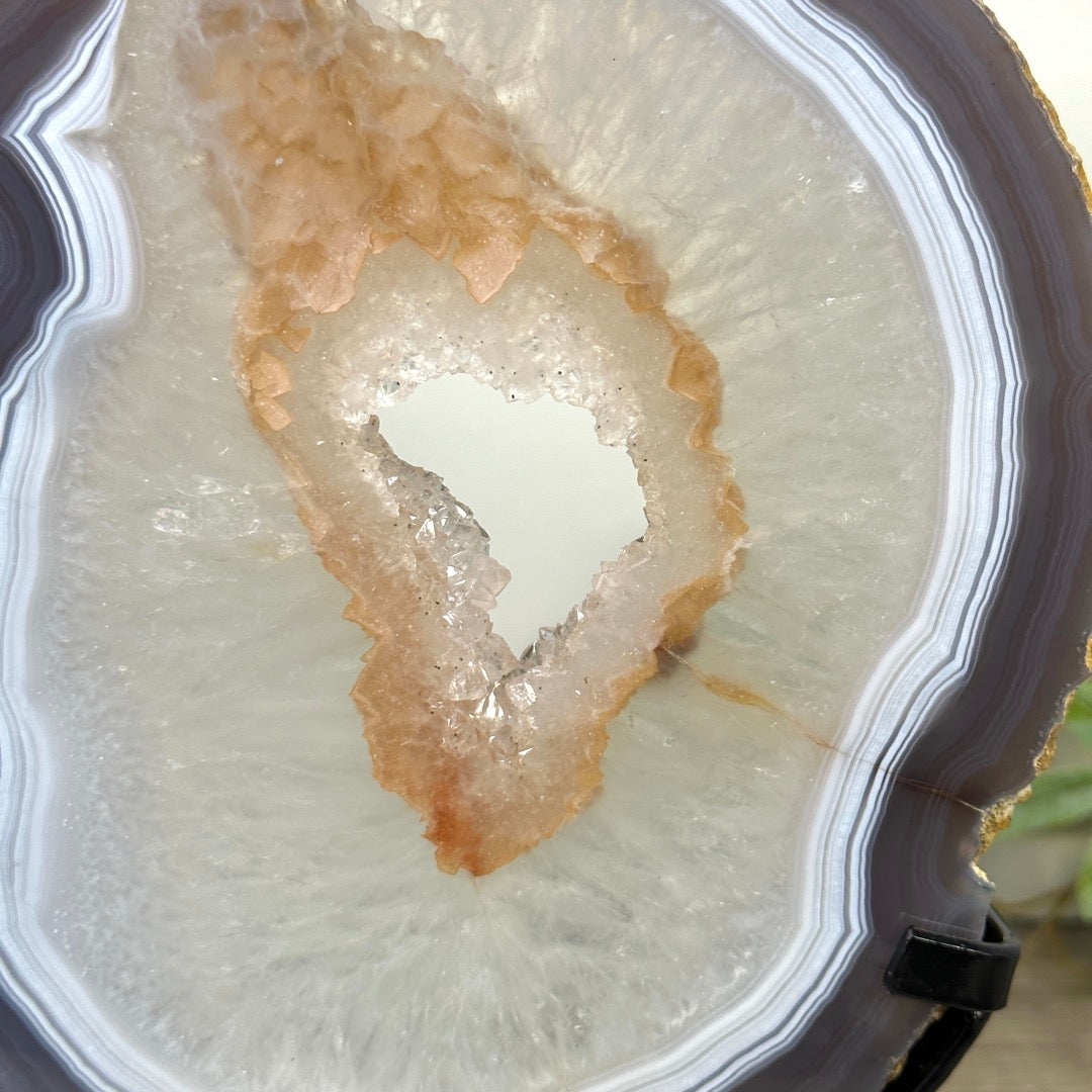 Blue Banded Agate &amp; Quartz Slice Portal on Metal Stand - MWS3290