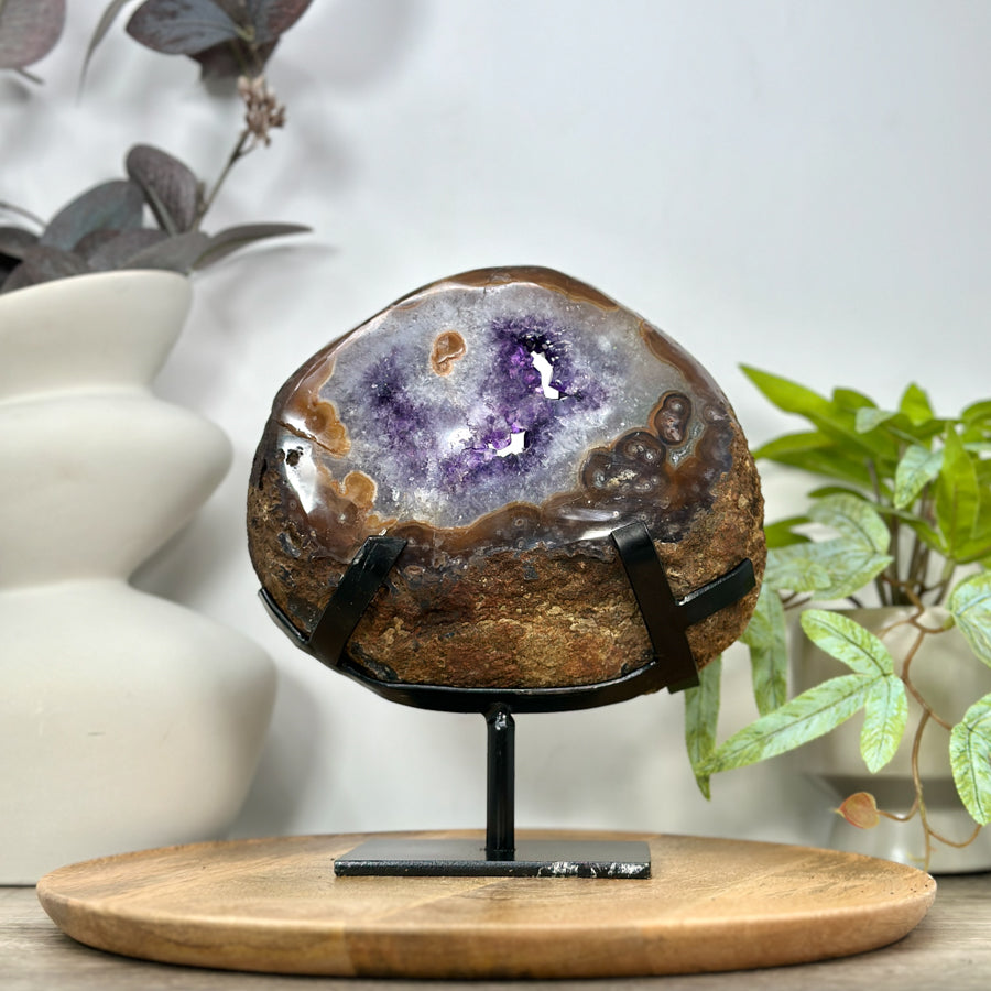 Amethyst &amp; Agate Geode with Polished Shell on Metal Stand - MWS3106