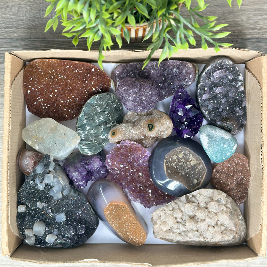 Boxed Lot of Hand-Polished Minerals – Natural Crystals for Spiritual and Decorative Use
