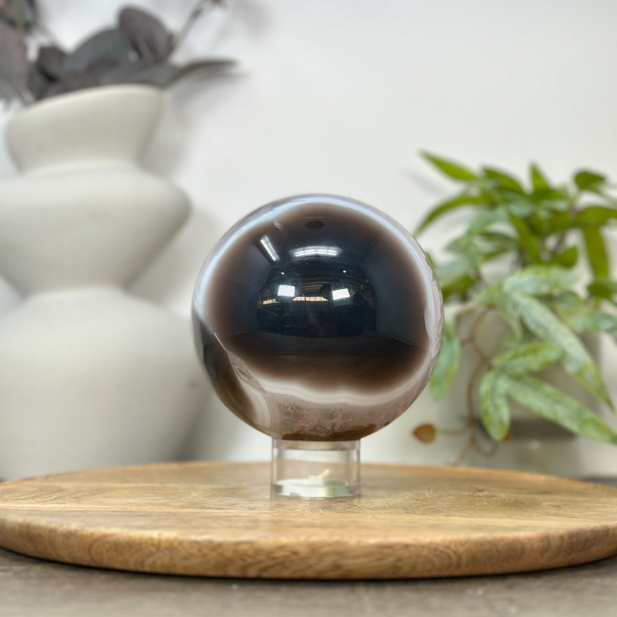 Amethyst &amp; Banded Agate Sphere Geode with Druzy Crystal Cavity - SPH0182