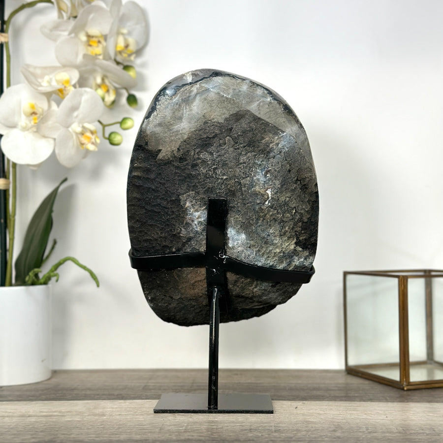 Large Deep Purple Amethyst Geode with Agate Shell and Metal Stand – Ideal Crystal Display - MWS2714