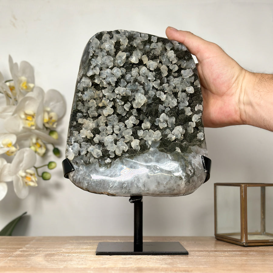 Unique Green Tone Sugar Quartz Geode with Calcite Inclusion - MWS1823