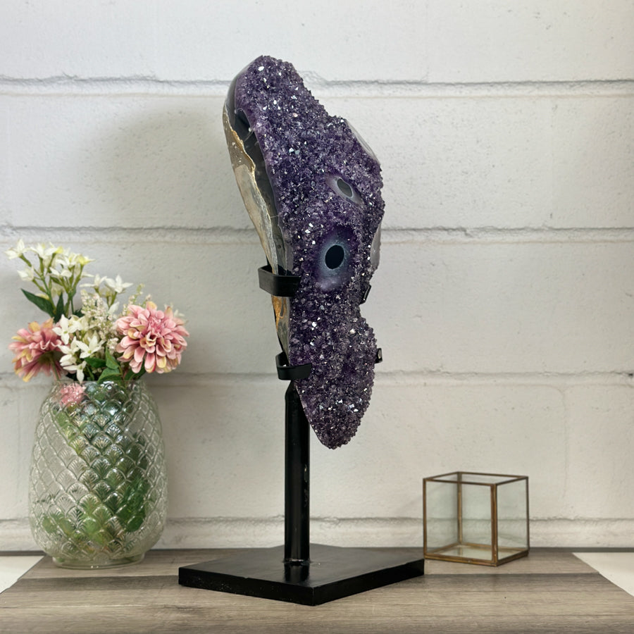 Huge Natural Uruguayan amethyst Cluster with Stalactite Eyes on Metal Stand - MWS2996