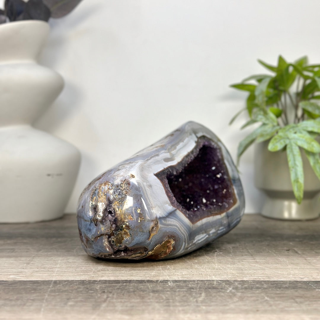 Large Blue Banded Agate &amp; Amethyst Stone Geode - STGE0114