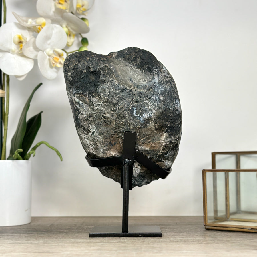 Natural Amethyst Stone with Calcite Crystal Formation, Metallic Display Included - MWS2355