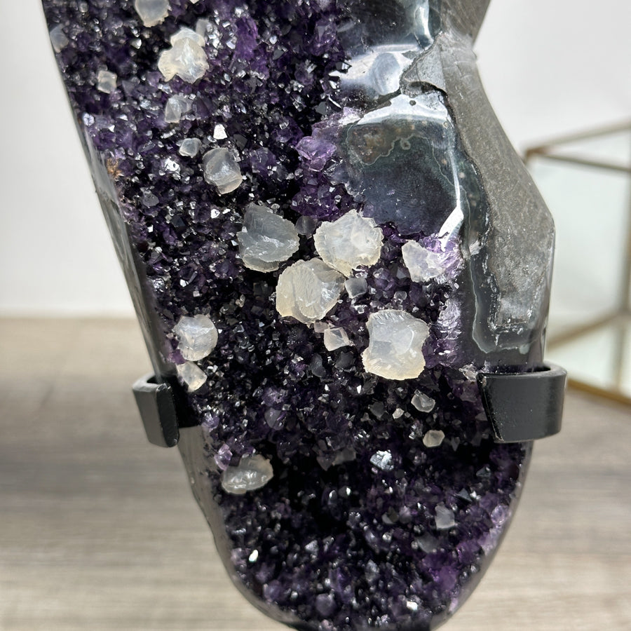 Natural Amethyst with Calcite Inclusions on Metal Stand - MWS2489