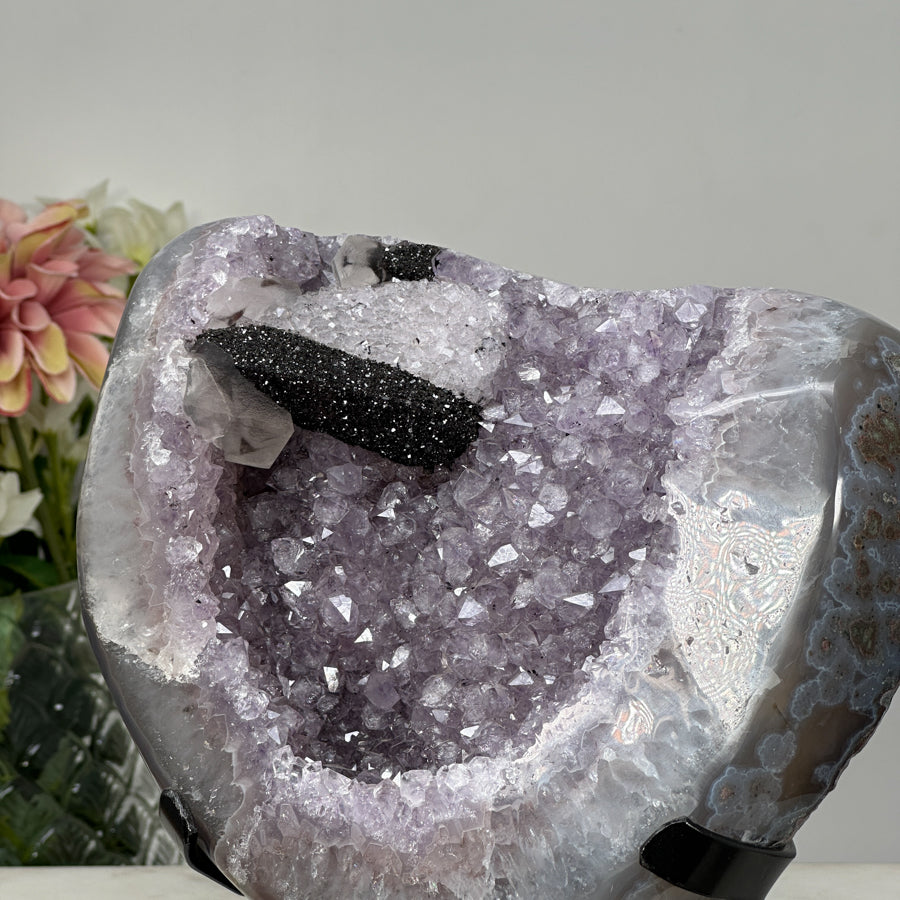 Amethyst & agate Geode with Rare Black Goethite Formation - MWS0771