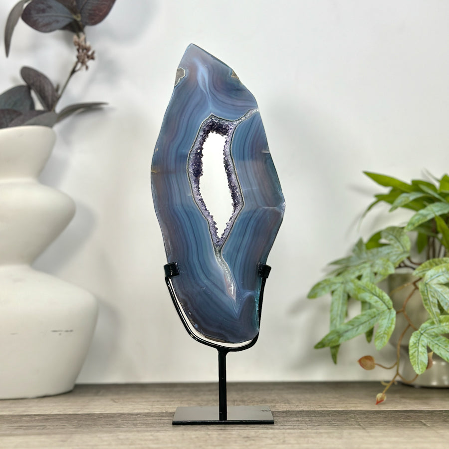 Blue Banded Agate &amp; Amethyst Geode Slice Portal - MWS3247
