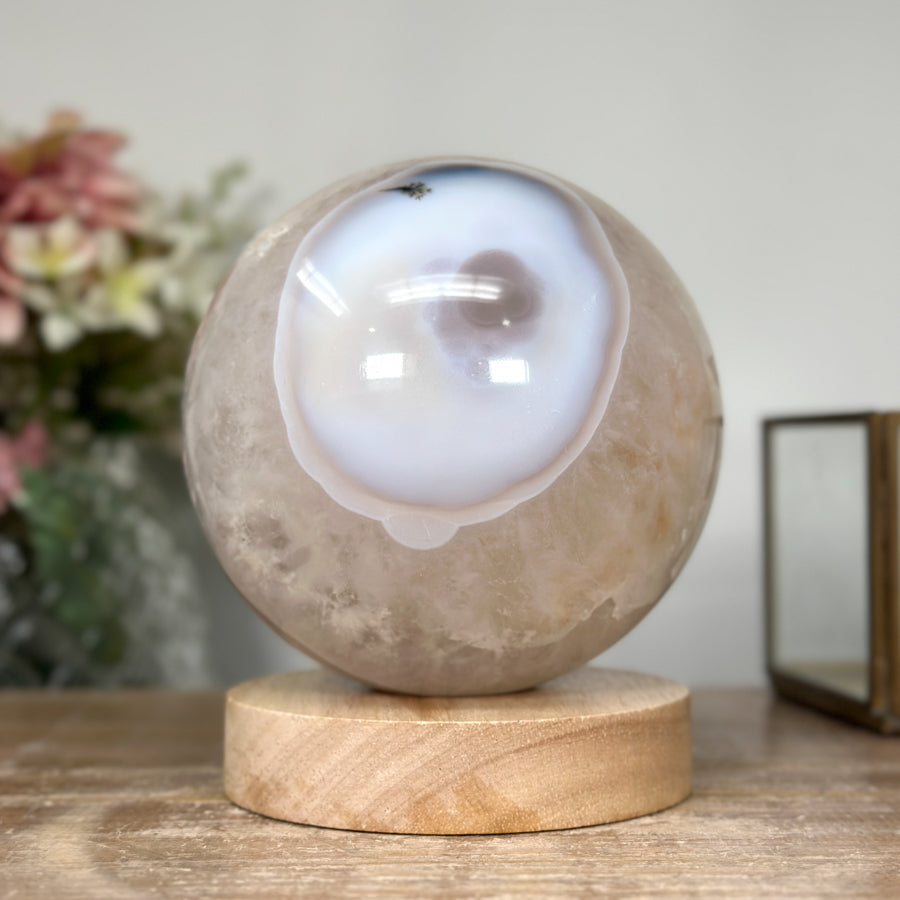 Natural Quartz &amp; Agate Sphere with Wooden Stand with built-in LED Light - SPH0143