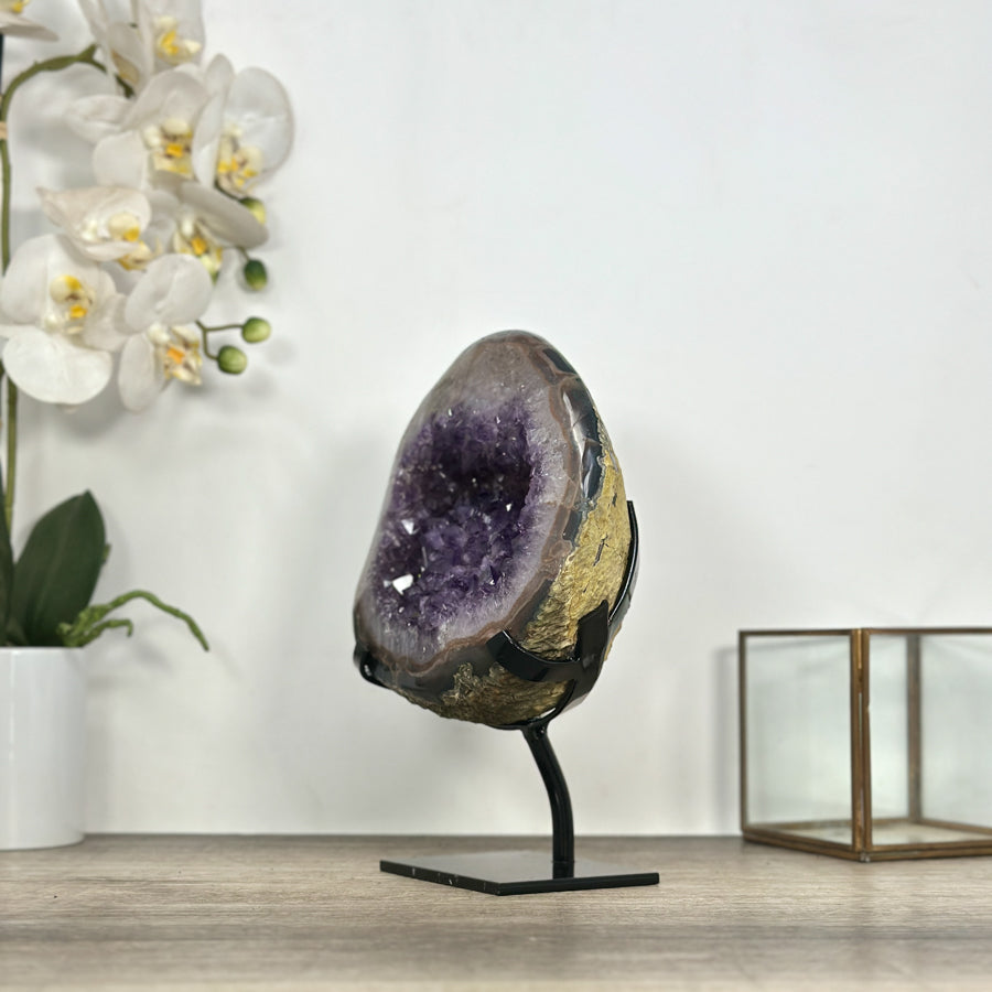 Natural Amethyst Geode with Polished Agate Shell - Stand Included - MWS3034