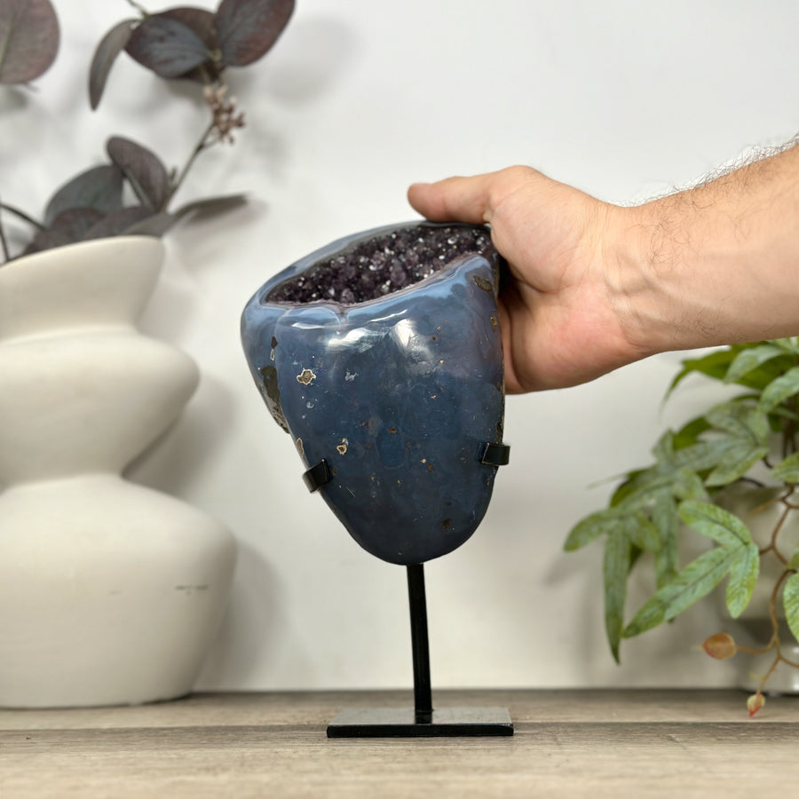 Polished Blue Agate &amp; Amethyst Geode on Stand - MWS3186