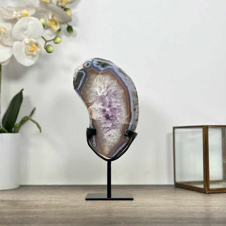 Natural Quartz &amp; Amethyst Stone Slice on Stand - MWS3008