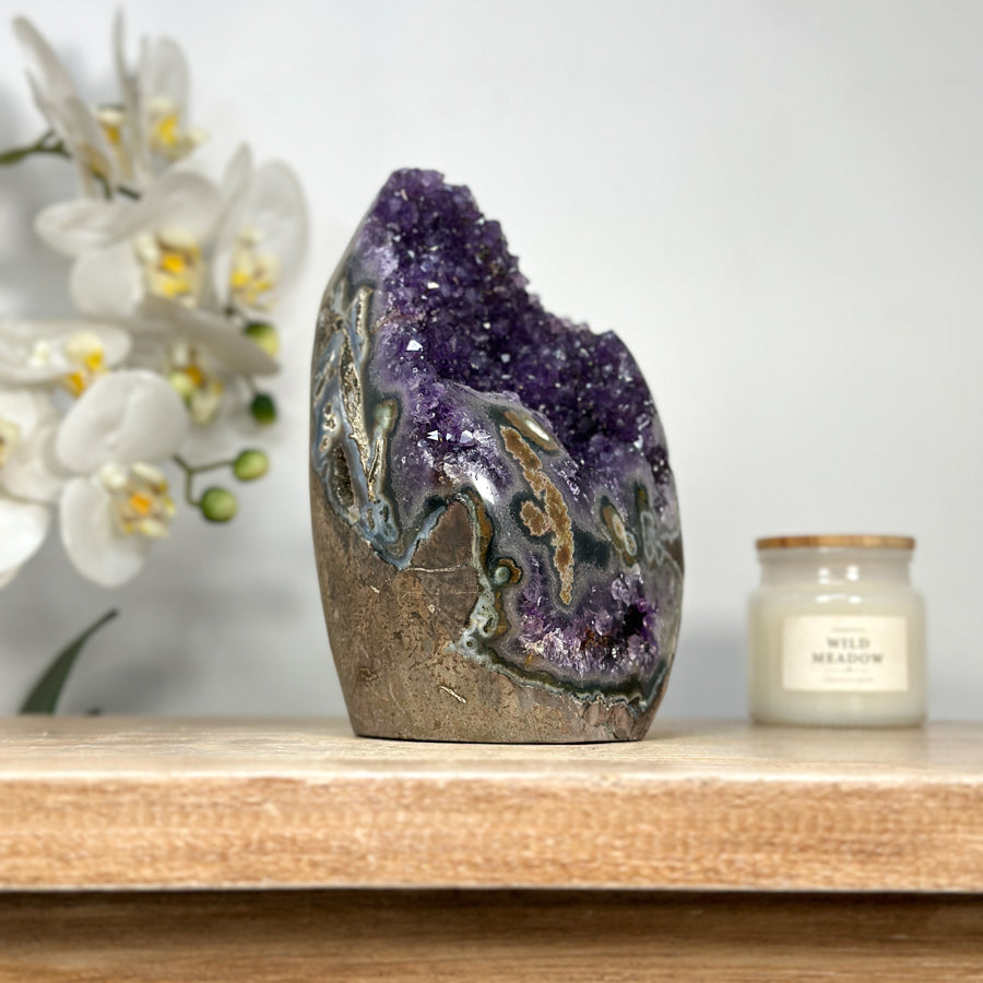 Natural Amethyst Cut BAse Cathedral with Stalactite Eye Formation - CBP1126