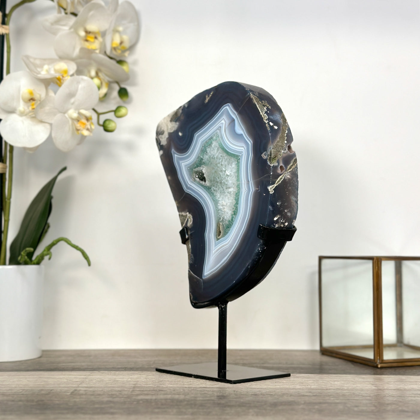 Agate Slice with Blue Bands and Crystalline Center for Home Decor Display - MWS2660