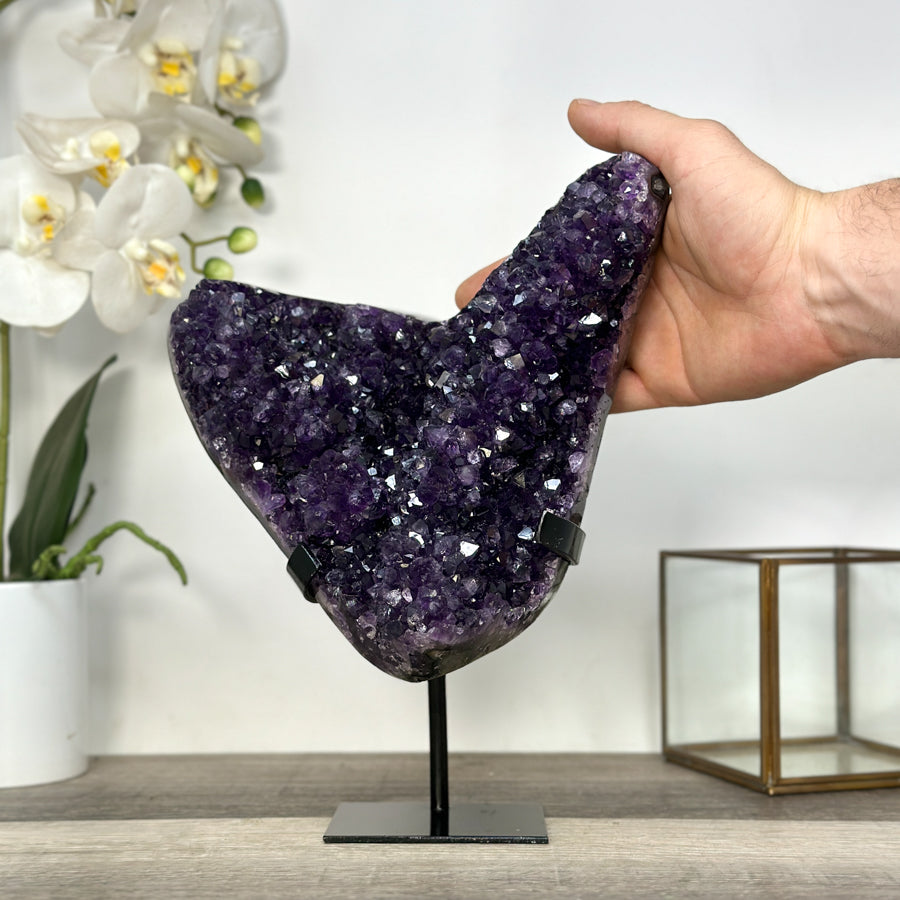 Deep Purple Amethyst Cluster on Metal Stand – Stunning Crystal for Meditation Space Decor - MWS2709