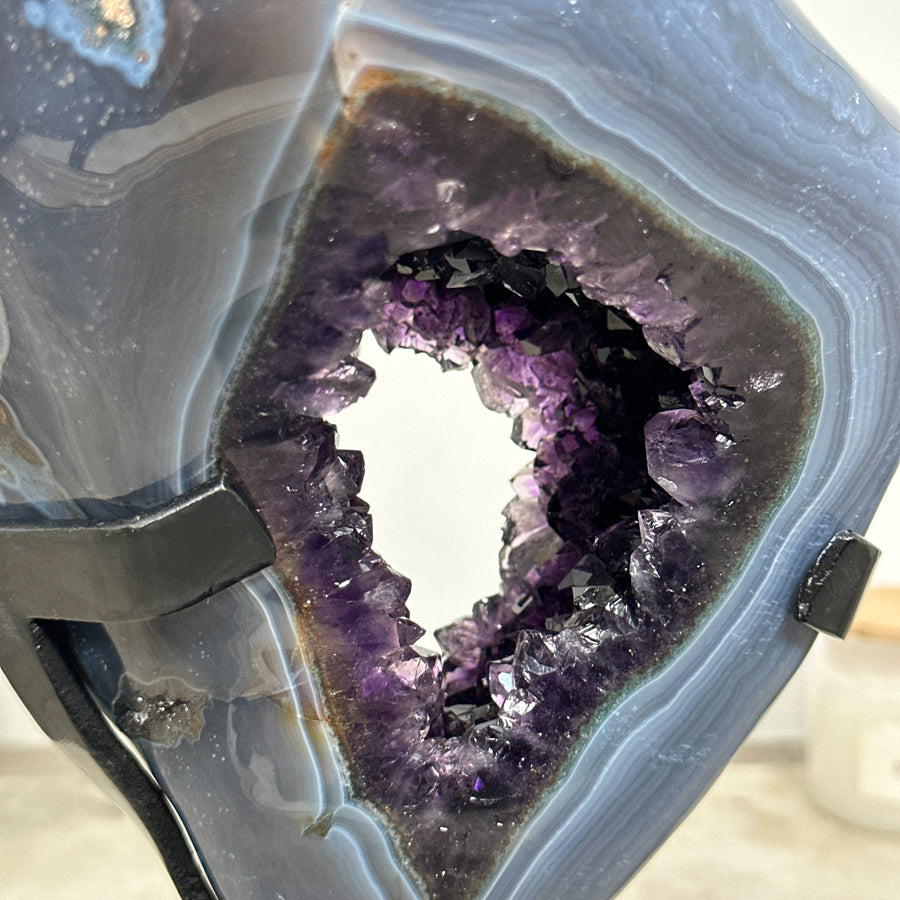 Natural Blue Banded Agate &amp; Amethyst Geode on Rotary Stand – Great for Altar Decoration or Mindful Spaces - MWS1518