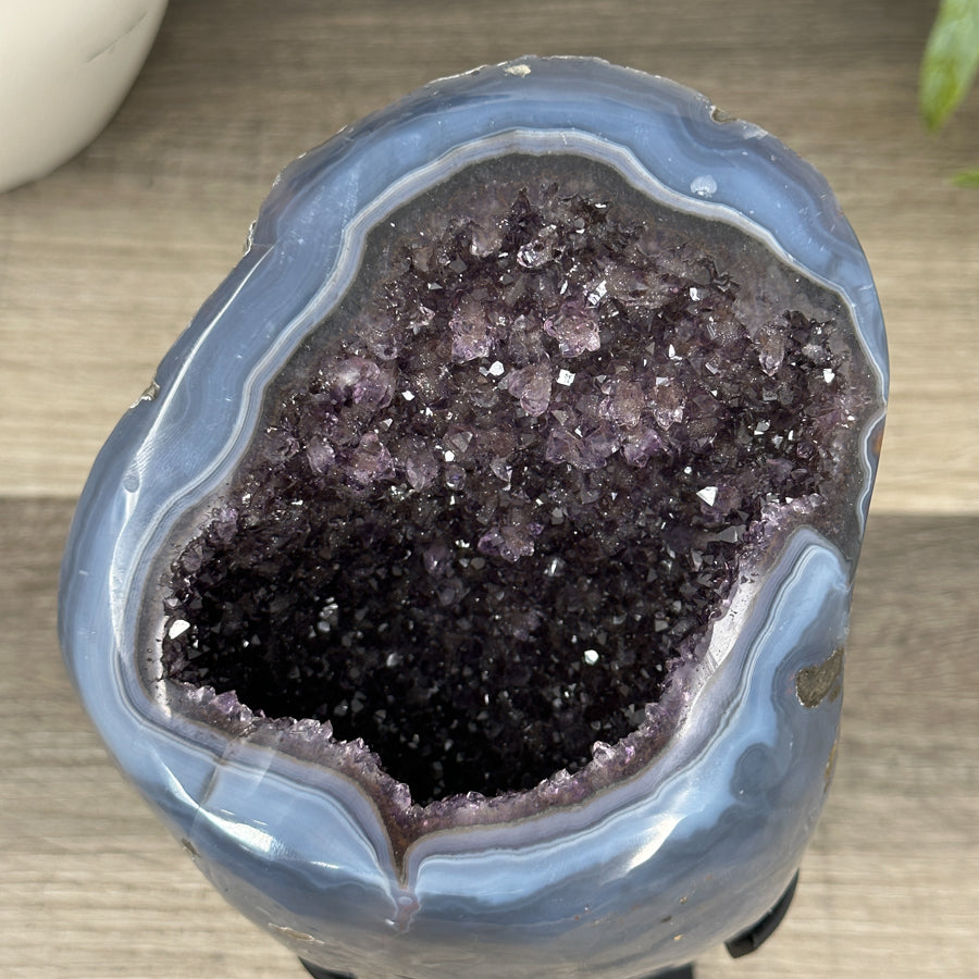 Polished Blue Agate &amp; Amethyst Geode on Stand - MWS3186