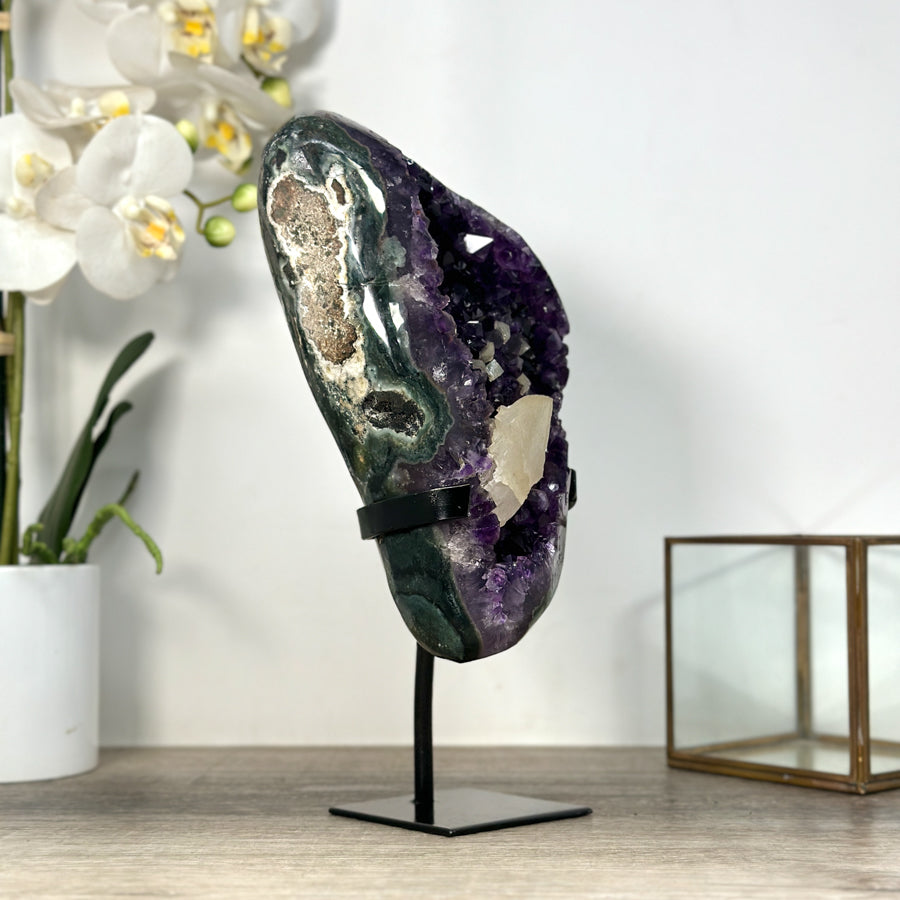 Natural Deep Purple Amethyst with Calcite Crystal Formation - Stand Included - MWS2485