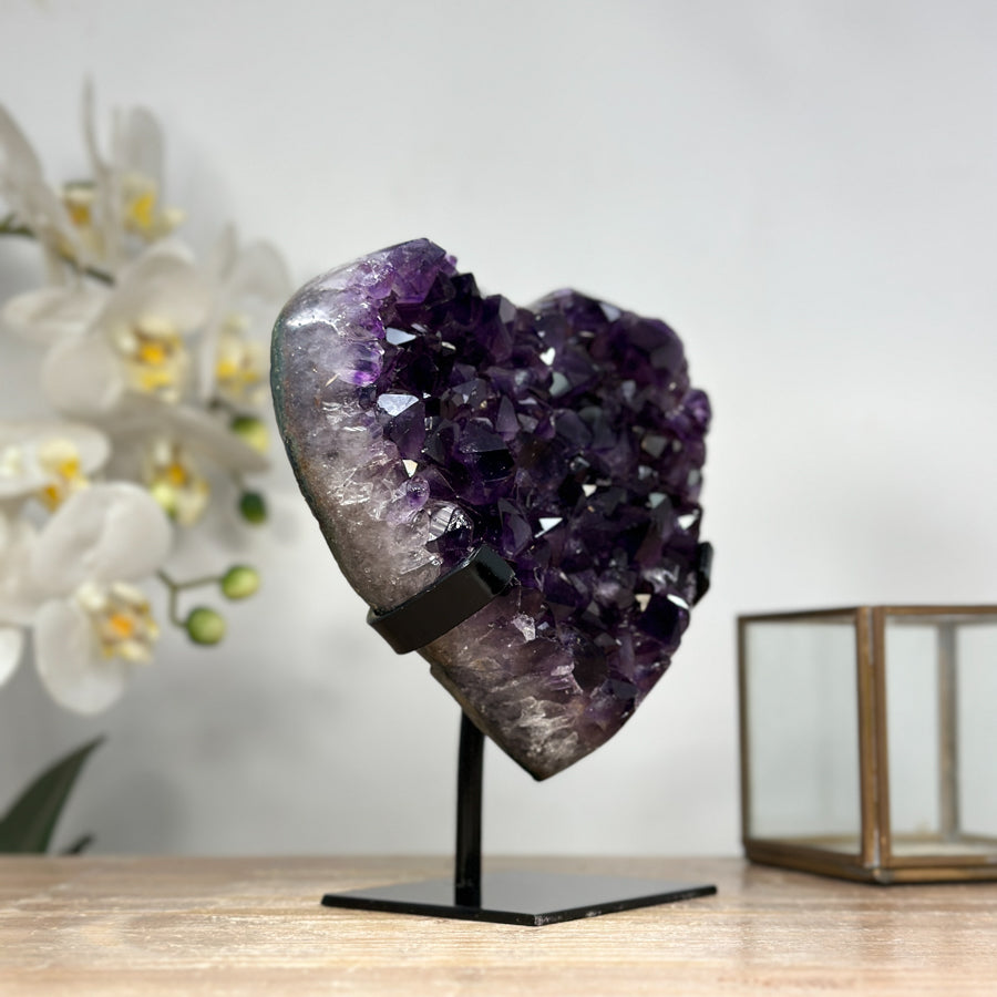 Stunning Natural Amethyst Heart Carving with Metal Stand - HST0248
