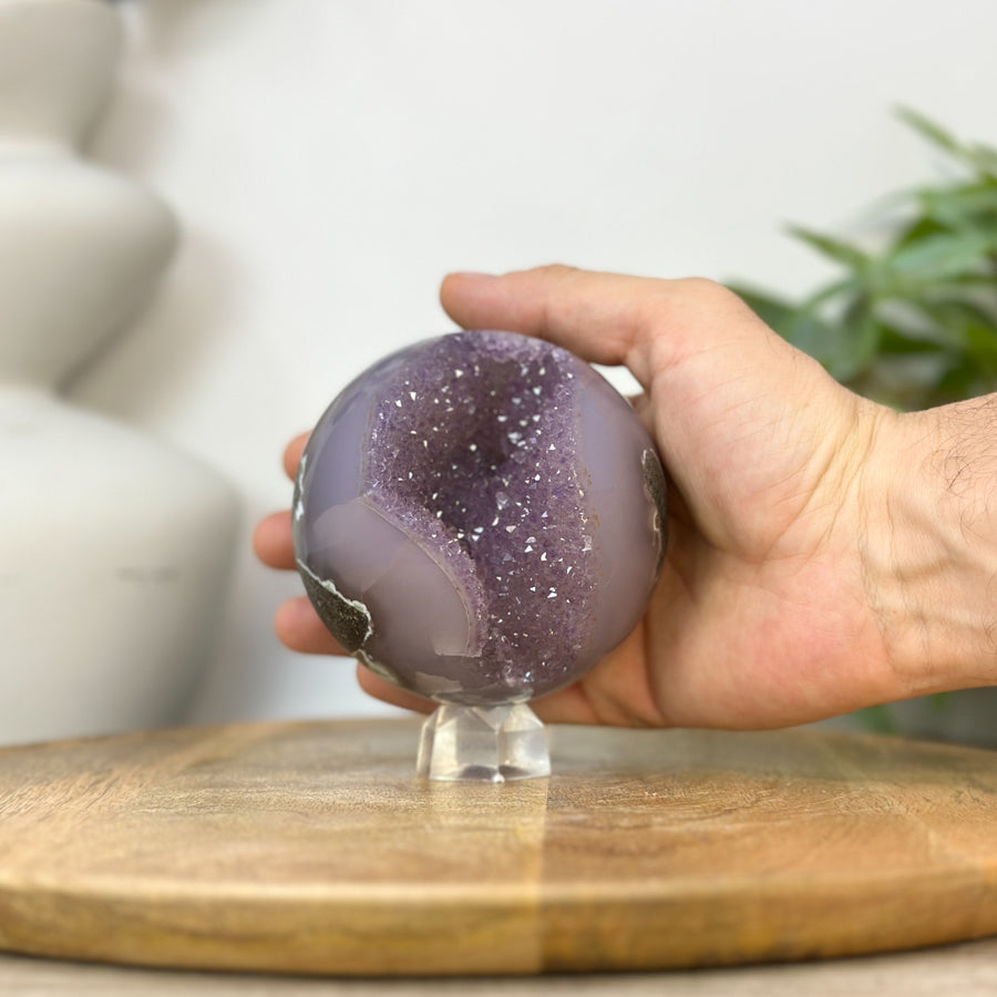 Amethyst &amp; Agate Sphere Geode with Druzy Crystal Interior - SPH0230