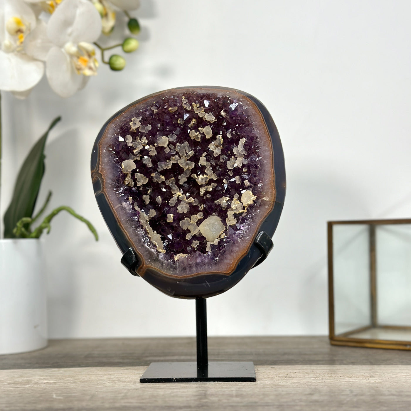 Natural Amethyst Geode with Calcite Inclusions on Stand - MWS2681