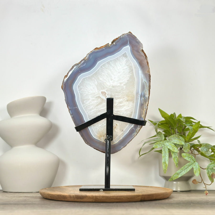 Polished Blue Banded Agate &amp; Quartz Stone Slice on Metal Stand - MWS3037