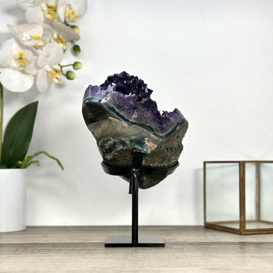 Amethyst Geode with Deep Purple and Green Bands – Natural Display Piece on Stand - MWS2817
