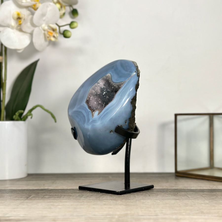Blue Agate Geode With Crystal Center on Metal Stand - MWS2767