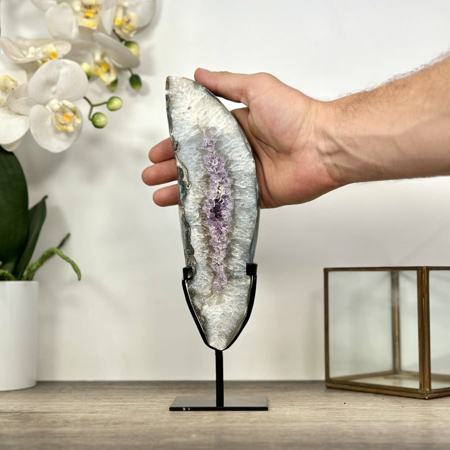 Natural Quartz &amp; Amethyst Stone Geode Slice on Stand - MWS3004