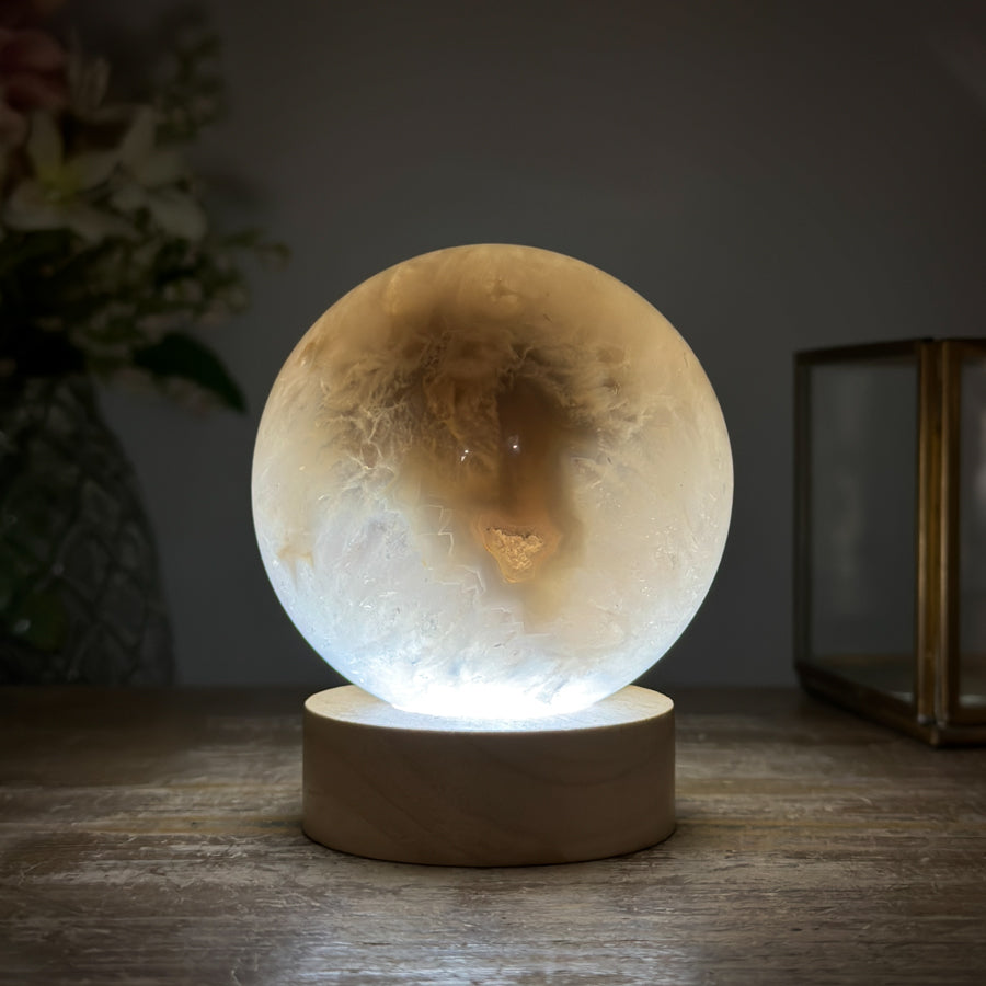 Stunning Quartz &amp; Agate Sphere with Wooden Stand with uilt-in LED Light - SPH0136