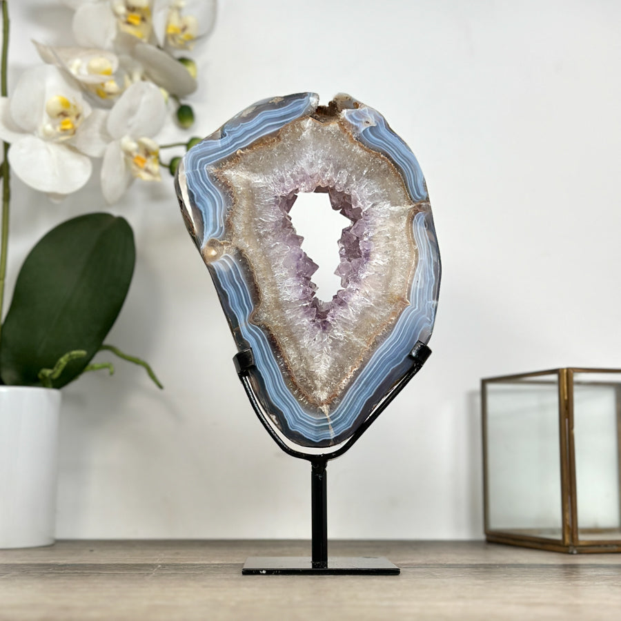 Agate Geode Slice with Amethyst Core – Unique Natural Display Piece - MWS2922