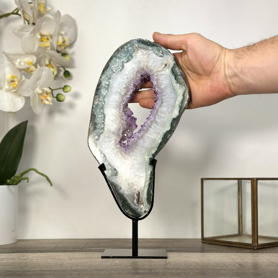 Amethyst &amp; Green Jasper Geode Slice With Metal Stand - MWS2743
