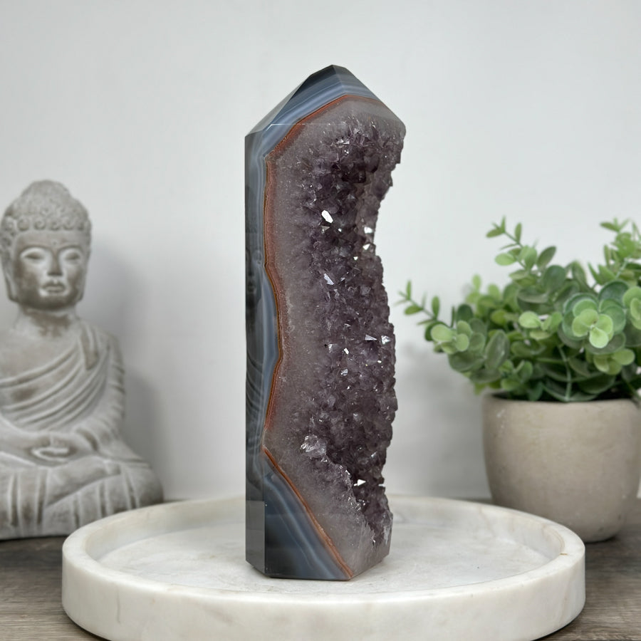 Outstanding Natural Blue Banded Agate &amp; Ametnyst Stone Tower  - STP0172