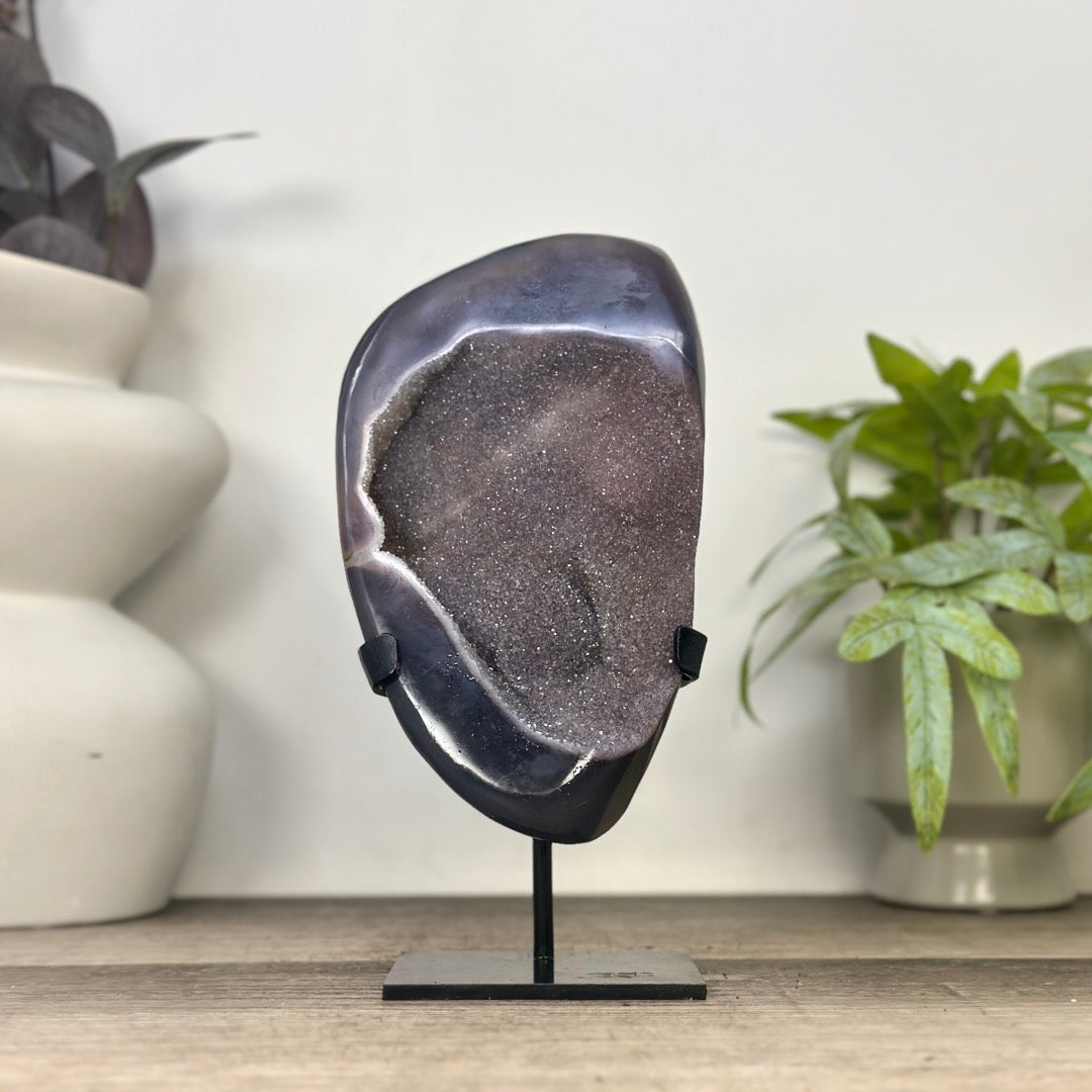 Blue Agate Geode with Druzy Crystals - Metal Stand included - MWS3347