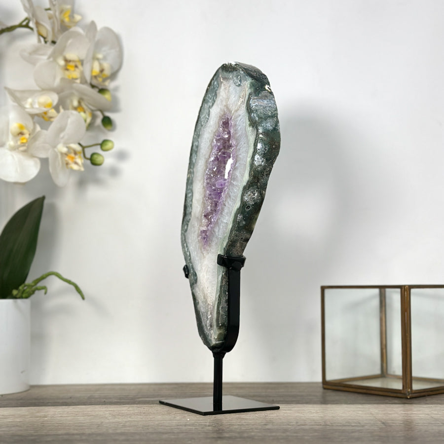 Amethyst &amp; Green Jasper Geode Slice With Metal Stand - MWS2743