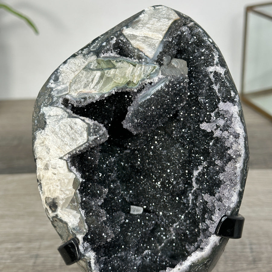 Black Quartz Druzy Geode on Metal Stand - MWS2725