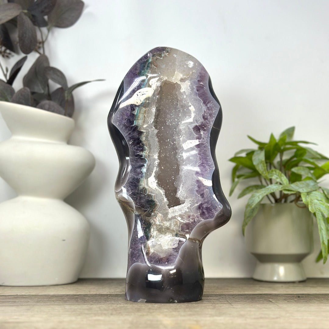 Uruguayan Blue Banded Agate with Quartz Crystals Statement Piece - CBP1402