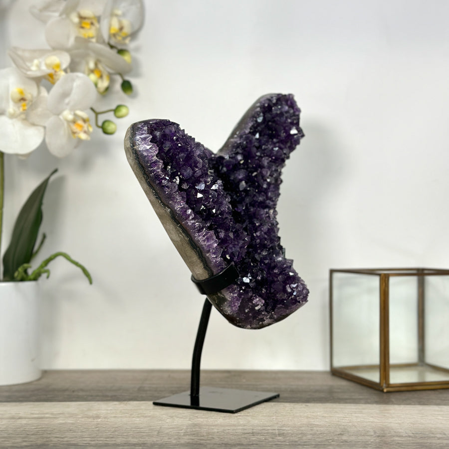 Deep Purple Amethyst Cluster on Metal Stand – Stunning Crystal for Meditation Space Decor - MWS2709