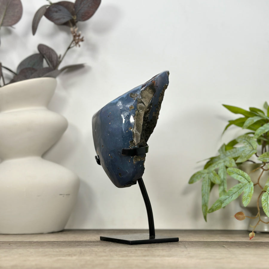 Polished Blue Agate &amp; Amethyst Geode on Stand - MWS3186