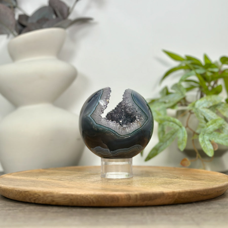 Banded Agate Sphere Geode with Quartz Crystal Cavity - SPH0151