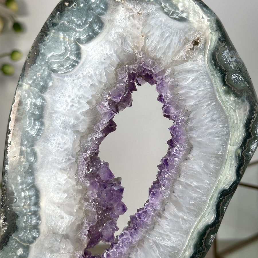Amethyst &amp; Green Jasper Geode Slice With Metal Stand - MWS2743