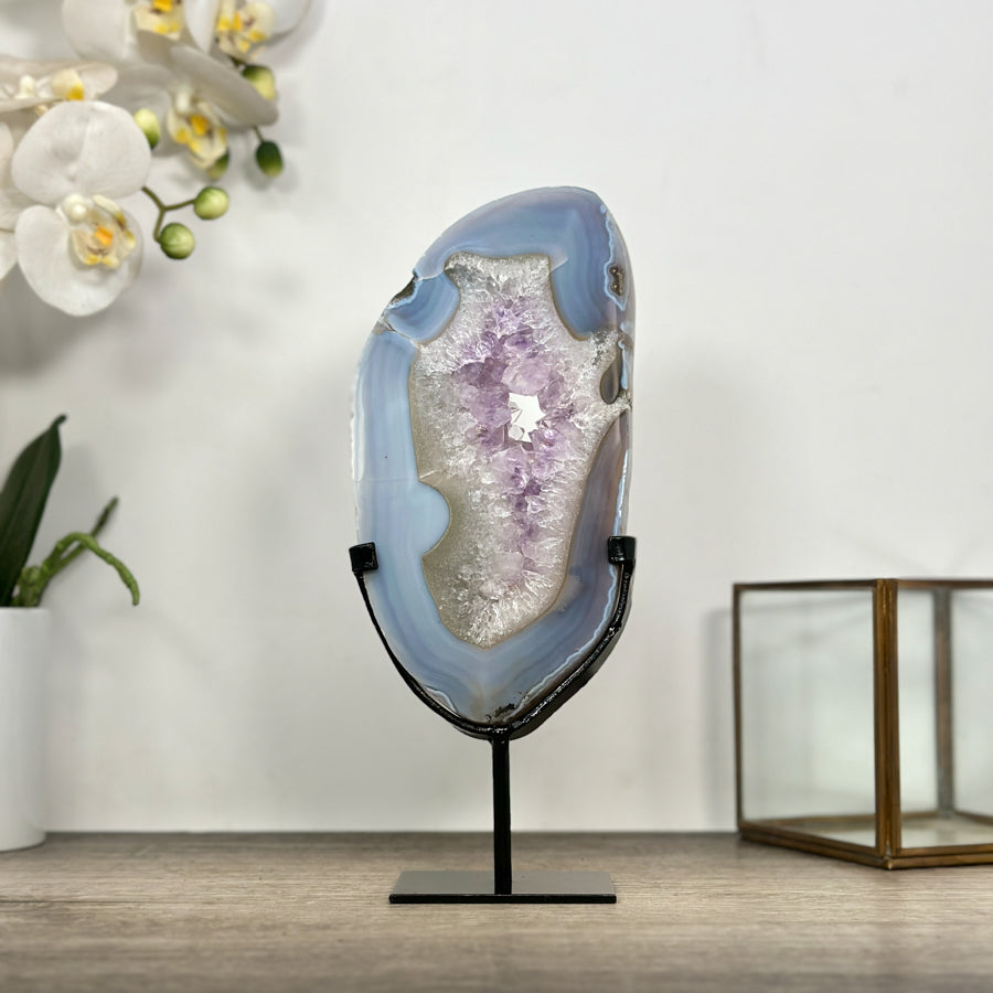Natural Blue Banded Agate &amp; Amethyst Stone Slice on Stand - MWS3016