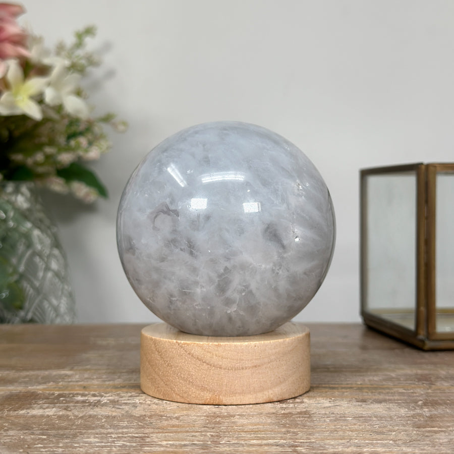 Stunning Quartz &amp; Agate Sphere with Wooden Stand with uilt-in LED Light - SPH0136